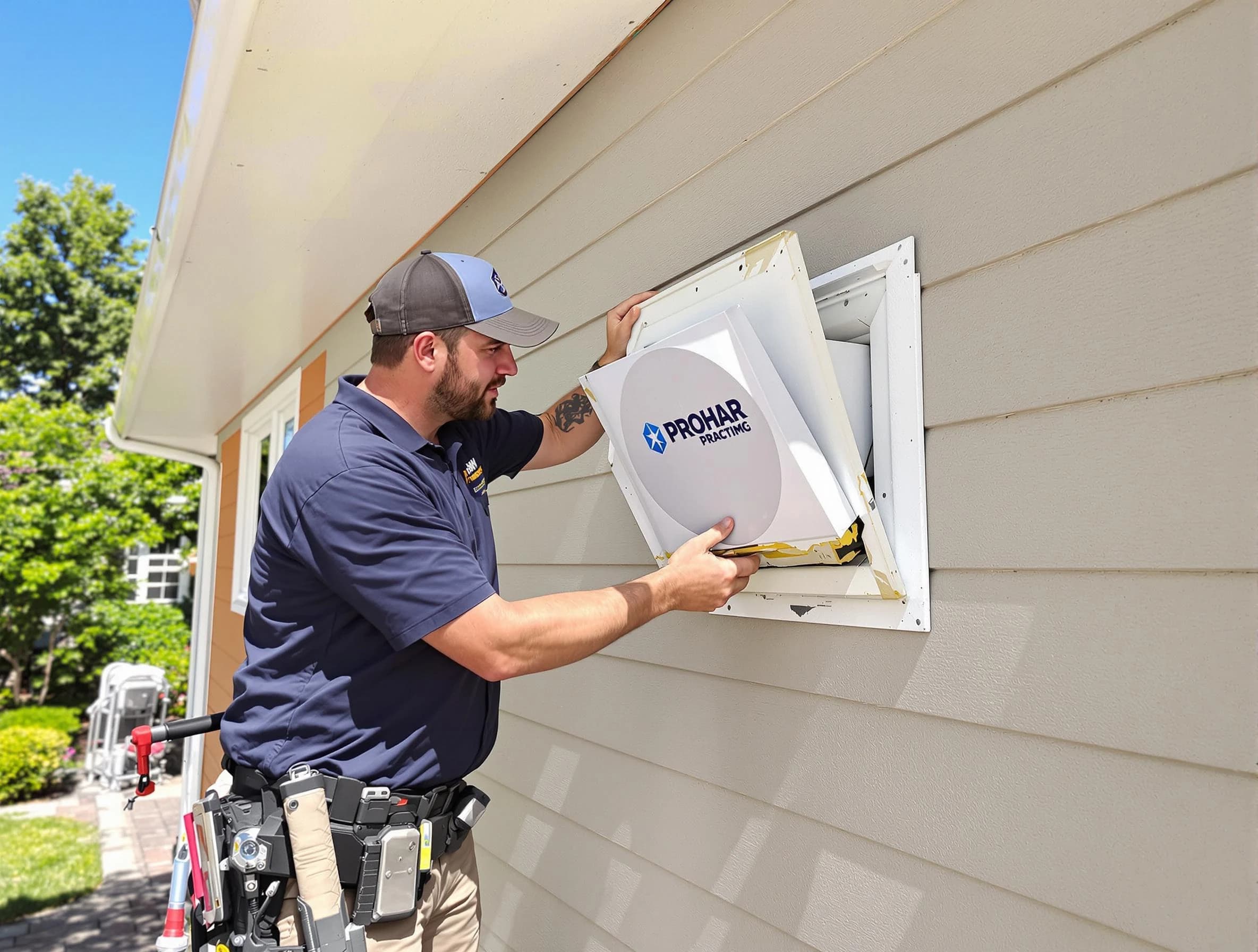 Bridgewater Dryer Vent Cleaning technician installing a new protective dryer vent cover on a home in Bridgewater