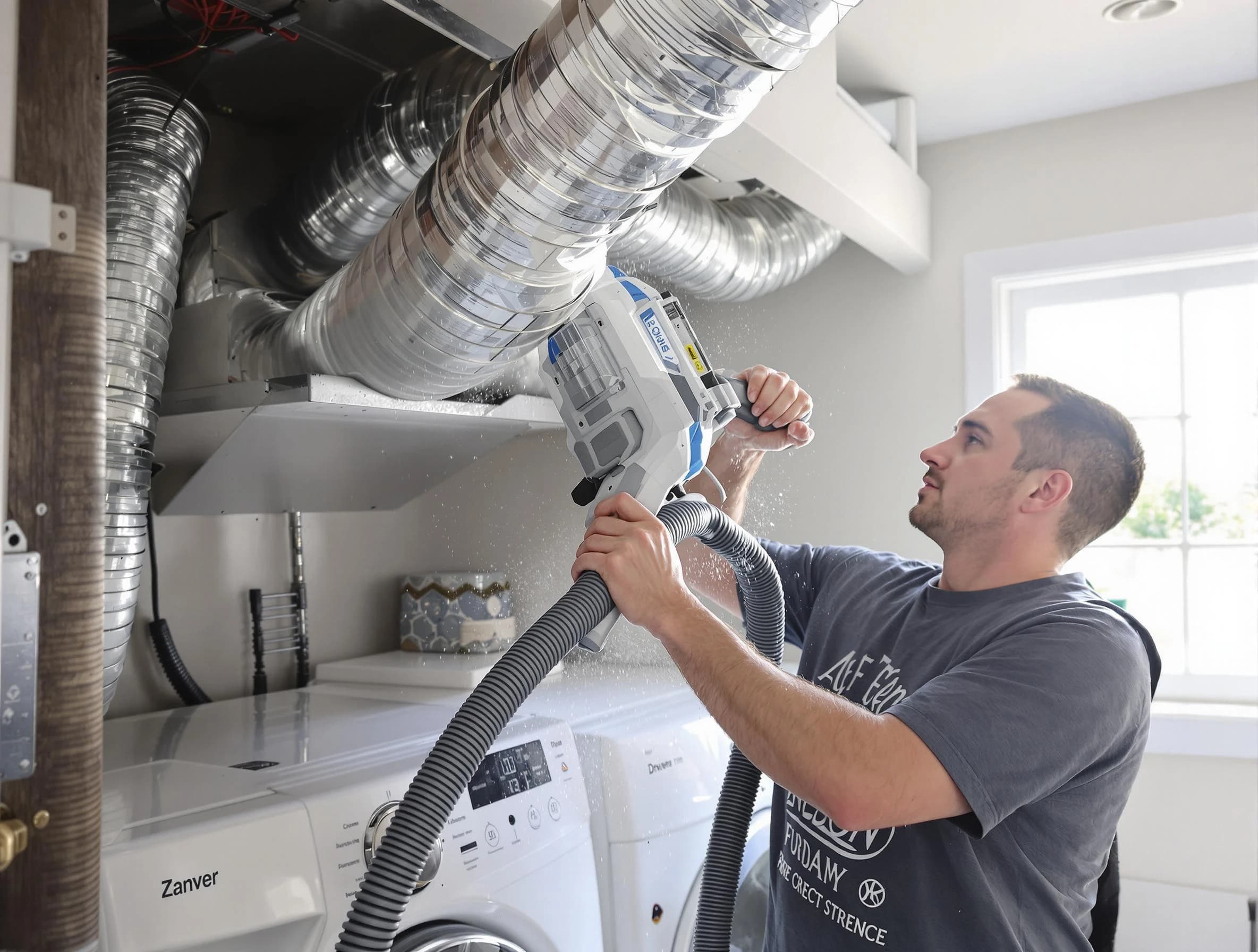 Bridgewater Dryer Vent Cleaning specialist cleaning deep within a dryer vent duct system in Bridgewater