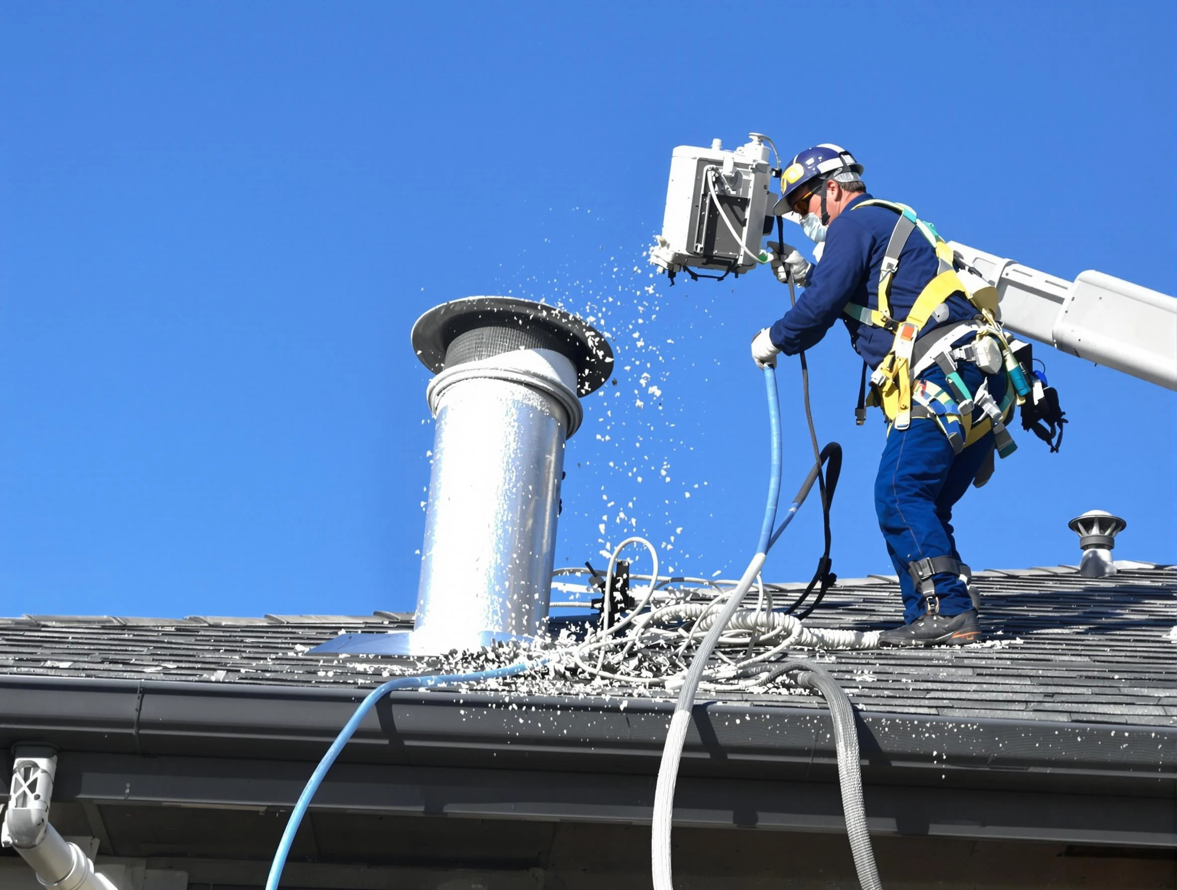 Bridgewater Dryer Vent Cleaning certified technician safely cleaning a roof-mounted dryer vent in Bridgewater