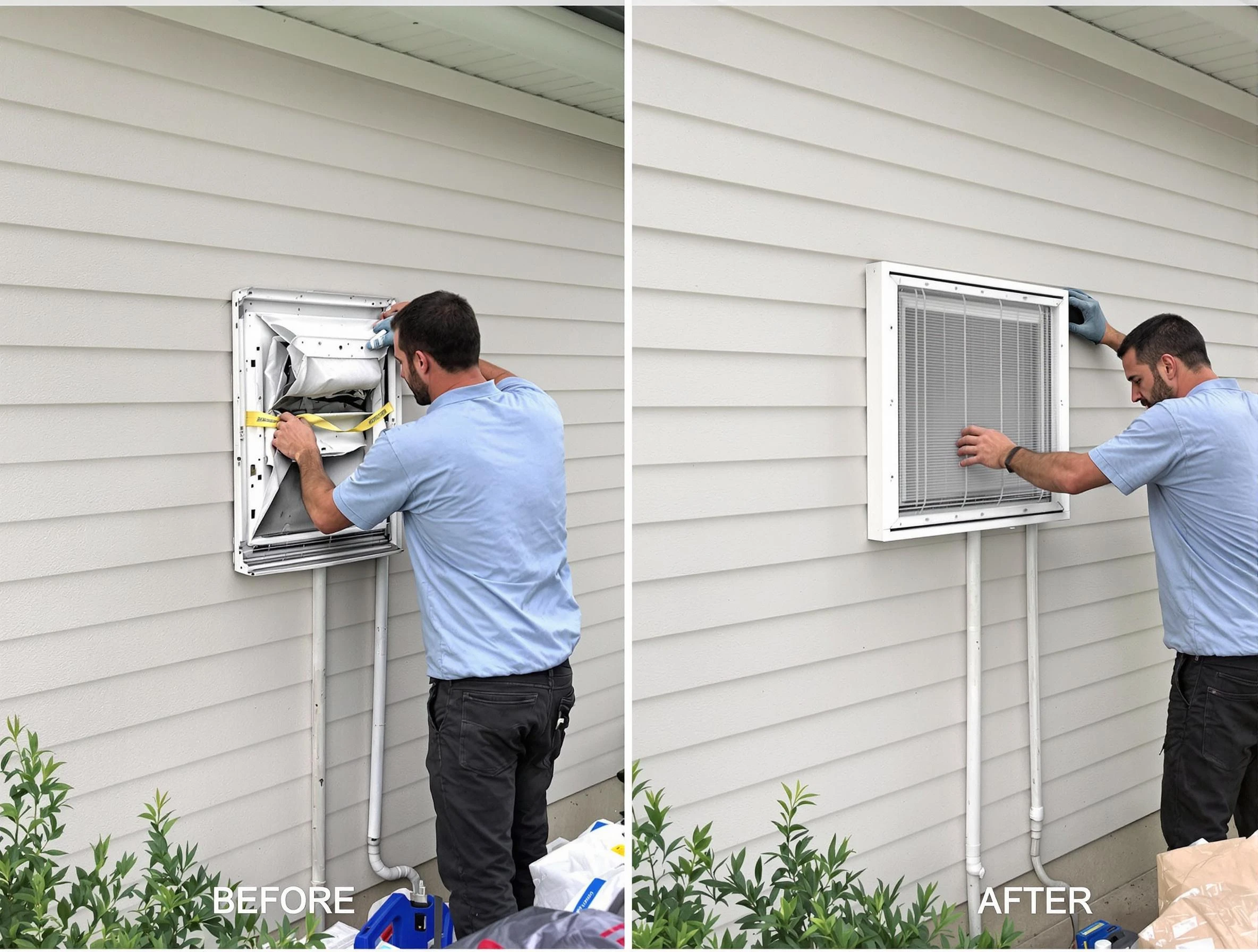 Bridgewater Dryer Vent Cleaning technician installing high-quality dryer vent cover at a residential property in Bridgewater